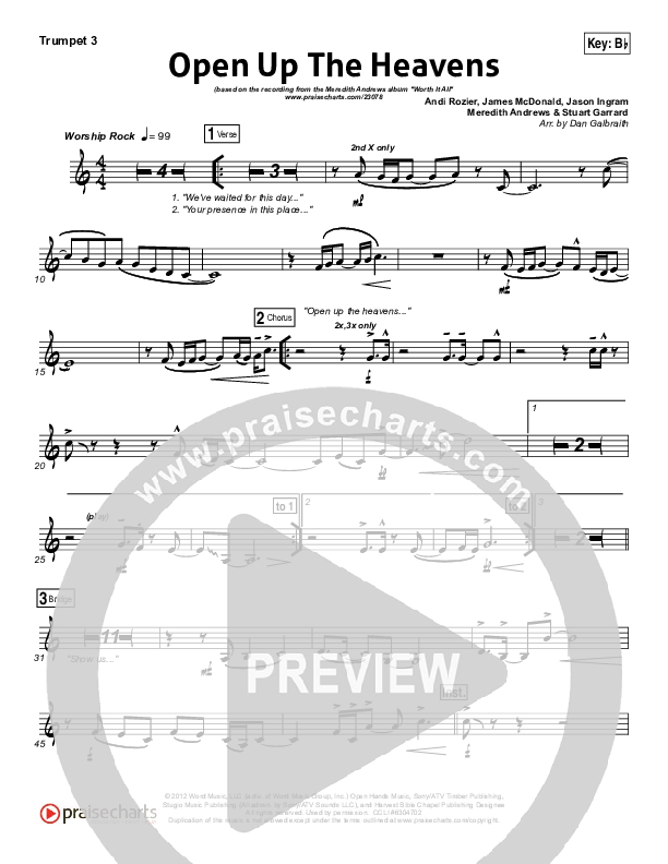 Open Up The Heavens (Choral Anthem SATB) Trumpet 3 (Meredith Andrews / NextGen Worship / Arr. Richard Kingsmore)
