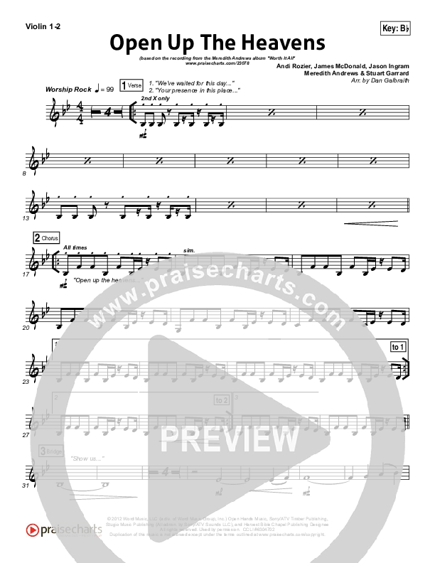Open Up The Heavens (Choral Anthem SATB) Violin 1/2 (Meredith Andrews / NextGen Worship / Arr. Richard Kingsmore)