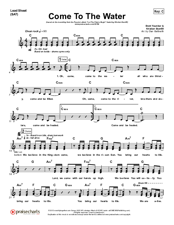 Come To The Water (Choral Anthem SATB) Lead Sheet (SAT) (Kristian Stanfill / Passion / NextGen Worship / Arr. Richard Kingsmore)