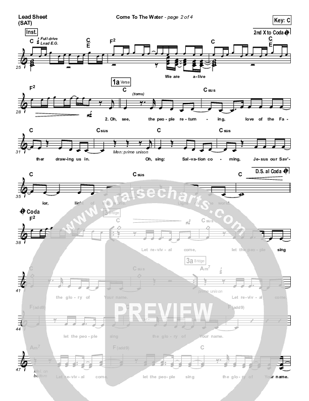 Come To The Water (Choral Anthem SATB) Lead Sheet (SAT) (Kristian Stanfill / Passion / NextGen Worship / Arr. Richard Kingsmore)