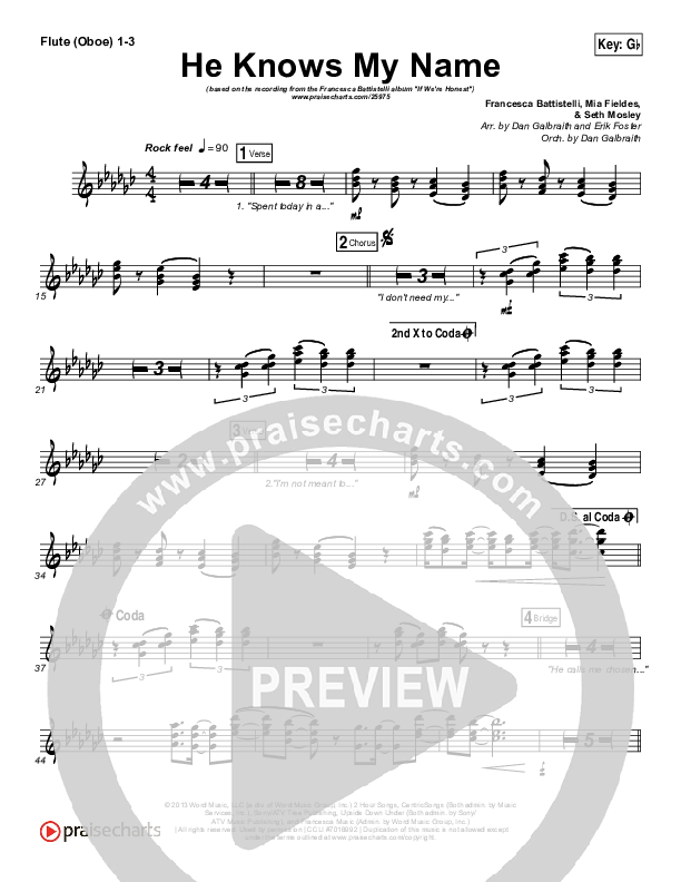 He Knows My Name Flute/Oboe 1/2/3 (Francesca Battistelli)