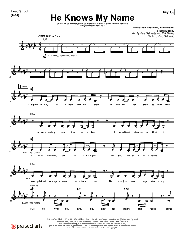 He Knows My Name Lead Sheet (SAT) (Francesca Battistelli)