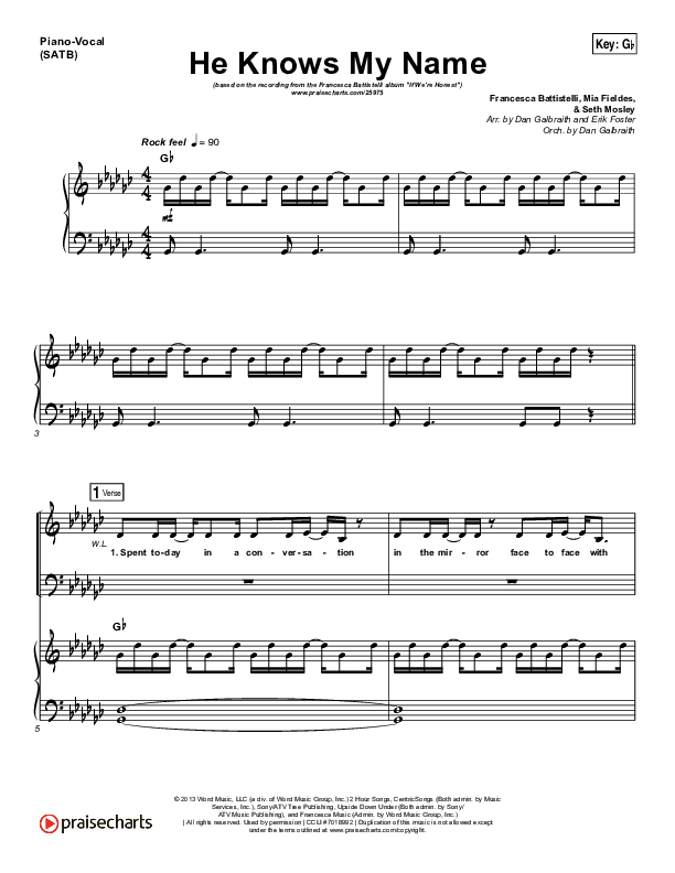 He Knows My Name Piano/Vocal (SATB) (Francesca Battistelli)