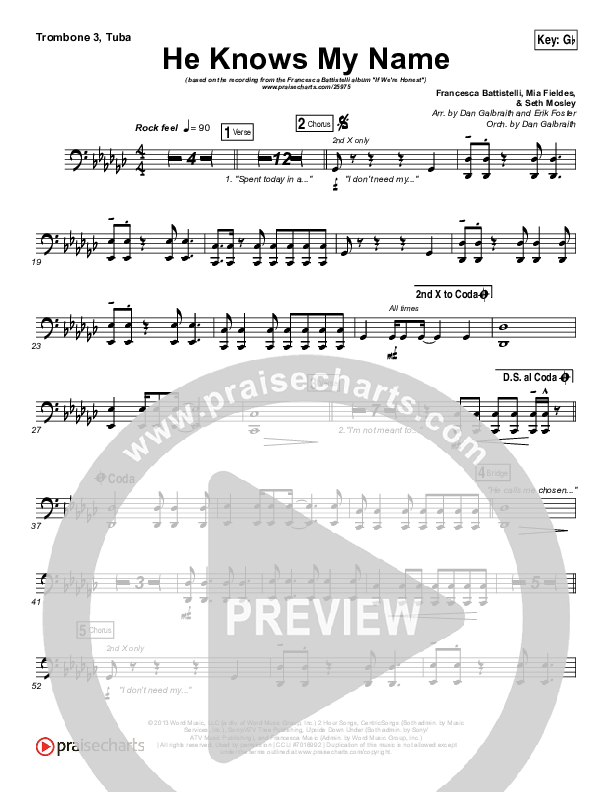 He Knows My Name Trombone 3/Tuba (Francesca Battistelli)