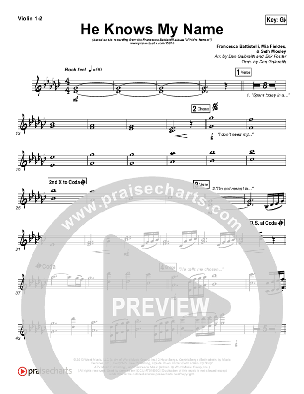 He Knows My Name Violin 1/2 (Francesca Battistelli)