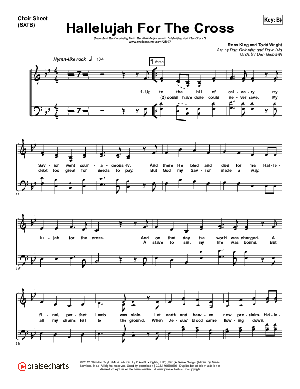 Hallelujah For The Cross Choir Sheet (SATB) (Newsboys)