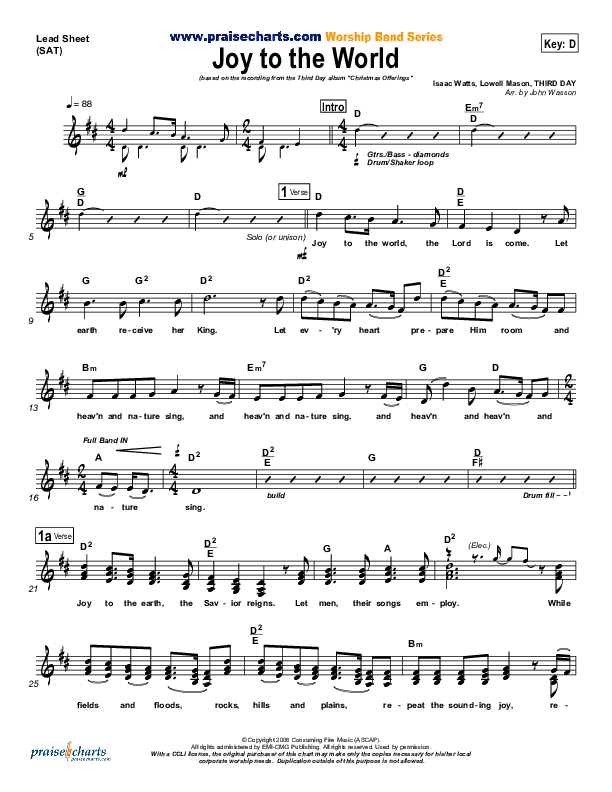 Joy To The World Lead Sheet (Third Day)