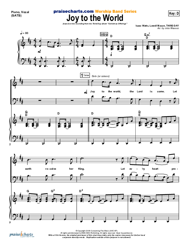 Joy To The World Piano/Vocal (Third Day)