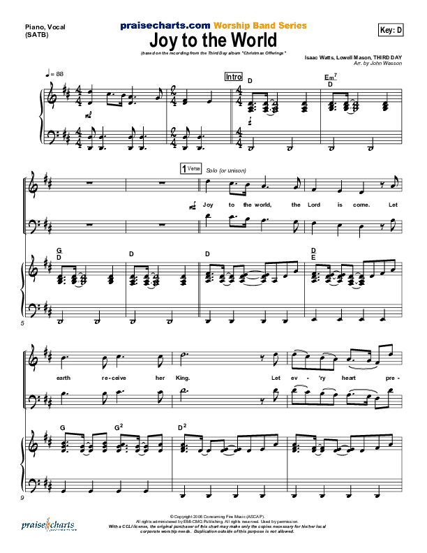 Joy To The World Piano/Vocal (SATB) (Third Day)