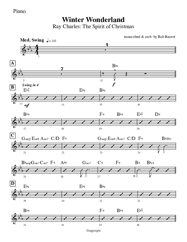Winter Wonderland  Piano Sheet (Ray Charles)