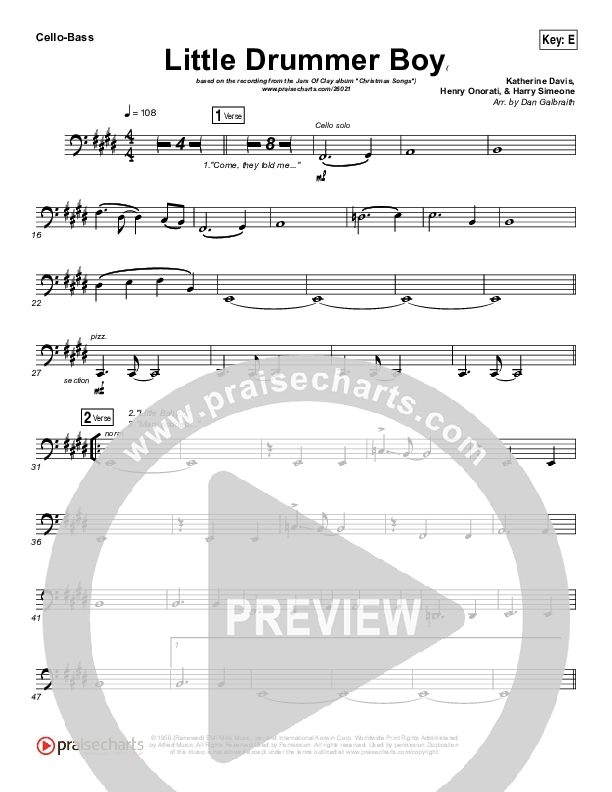 Little Drummer Boy Cello/Bass (Jars Of Clay)