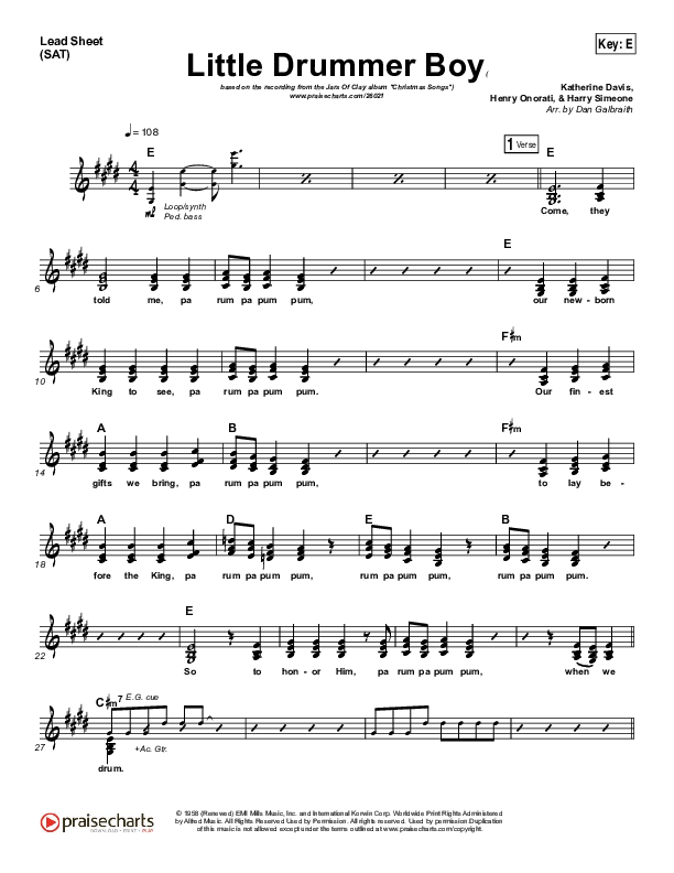 Little Drummer Boy Lead Sheet (SAT) (Jars Of Clay)