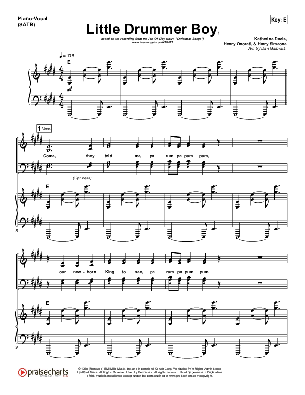 Little Drummer Boy Piano/Vocal (SATB) (Jars Of Clay)