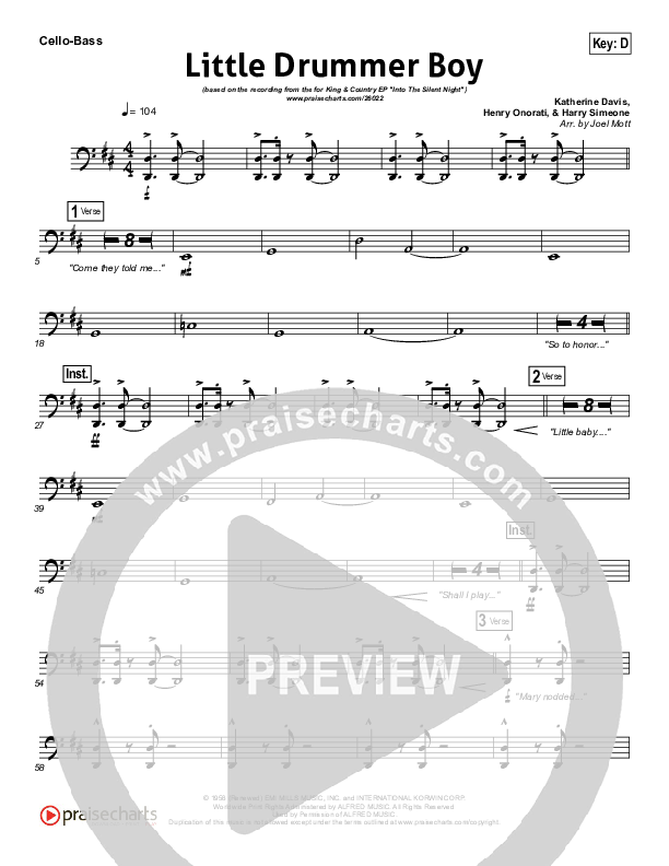 Little Drummer Boy Cello/Bass (for KING & COUNTRY)