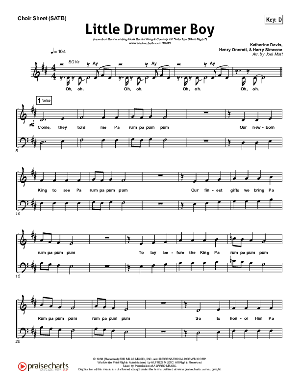 Little Drummer Boy Choir Sheet (SATB) (for KING & COUNTRY)