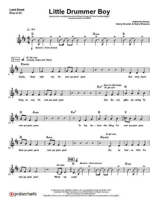 Little Drummer Boy Lead Sheet (Melody) (for KING & COUNTRY)
