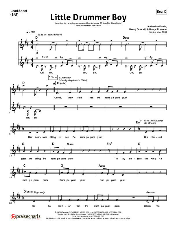 Little Drummer Boy Lead Sheet (SAT) (for KING & COUNTRY)