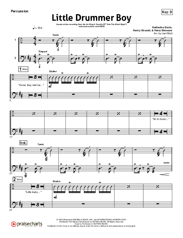 Little Drummer Boy Percussion Sheet Music PDF (for KING & COUNTRY) PraiseCharts