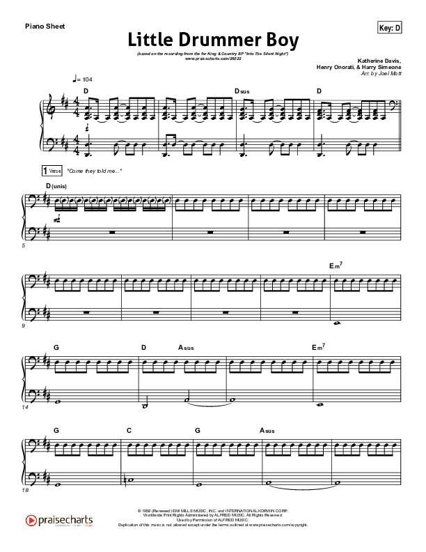 Little Drummer Boy Piano Sheet (for KING & COUNTRY)