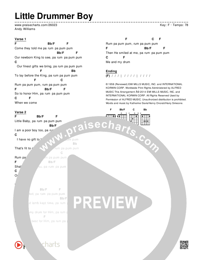 Little Drummer Boy Chords & Lyrics (Andy Williams)