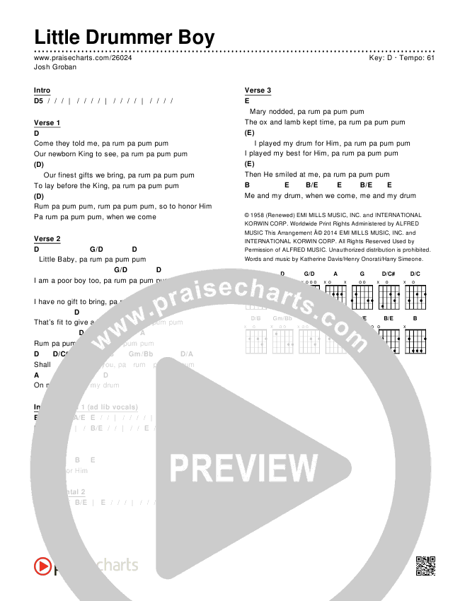 Little Drummer Boy Chords & Lyrics (Josh Groban)