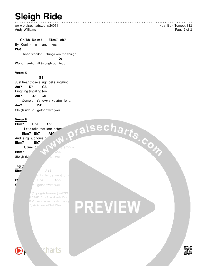 Sleigh Ride Chords & Lyrics (Andy Williams)