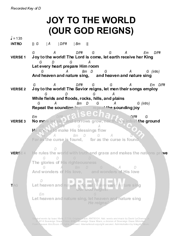 Joy To The World (Our God Reigns) Chords & Lyrics (Sovereign Grace)