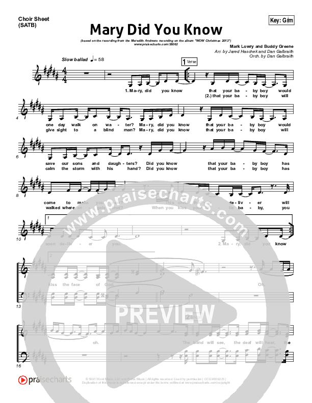 Mary Did You Know Choir Sheet (SATB) (Meredith Andrews)