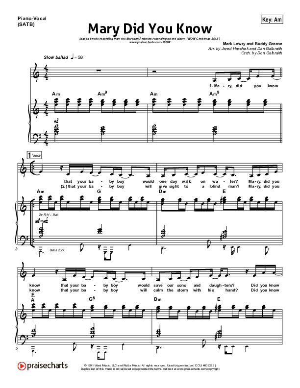 Mary Did You Know Piano/Vocal (SATB) (Meredith Andrews)