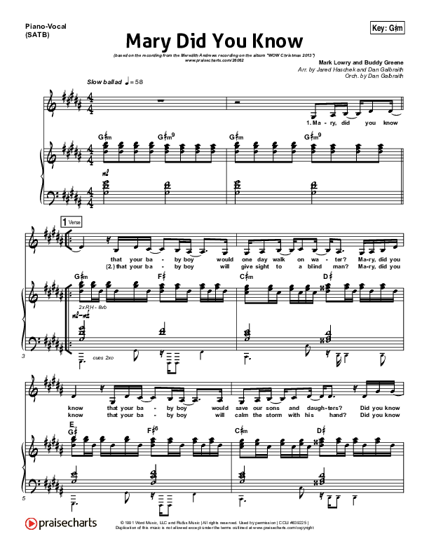 Mary Did You Know Piano/Vocal (SATB) (Meredith Andrews)