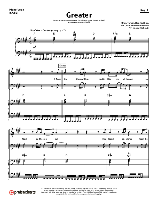 Greater Piano/Vocal (SATB) (Chris Tomlin)
