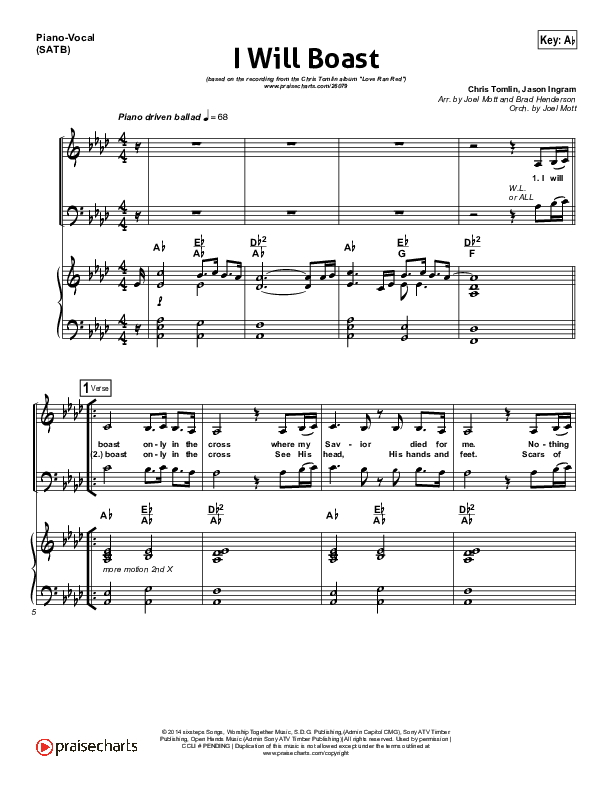 I Will Boast Piano/Vocal (SATB) (Chris Tomlin)