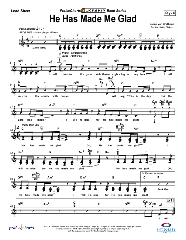 He Has Made Me Glad Lead Sheet (Leona Von Brethorst)