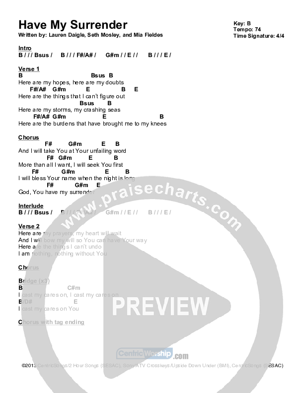 You Have My Surrender Chords & Lyrics (Centricity Worship / Lauren Daigle)