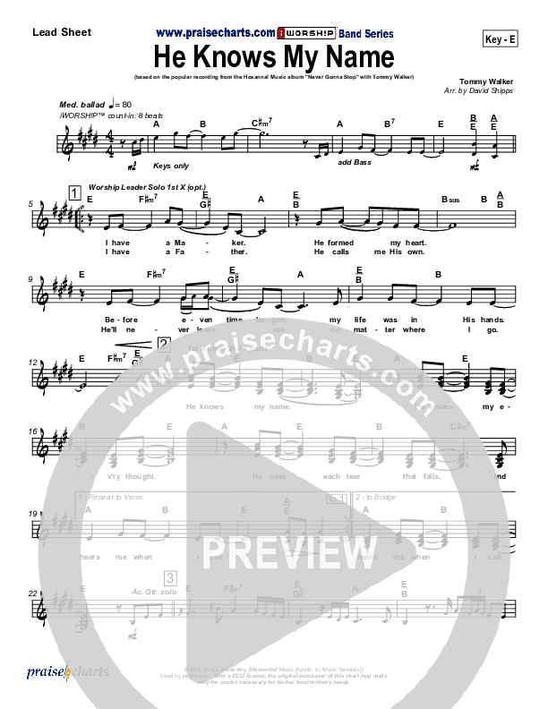 He Knows My Name Lead Sheet (Tommy Walker)