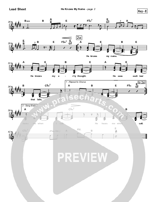 He Knows My Name Lead Sheet (SAT) (Tommy Walker)