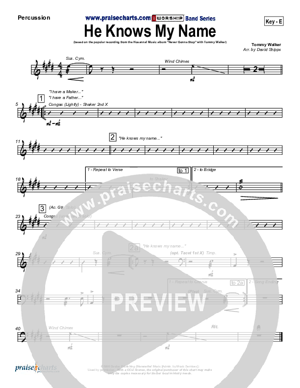 He Knows My Name Percussion (Tommy Walker)