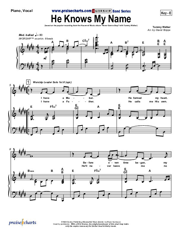 He Knows My Name Piano/Vocal (SATB) (Tommy Walker)