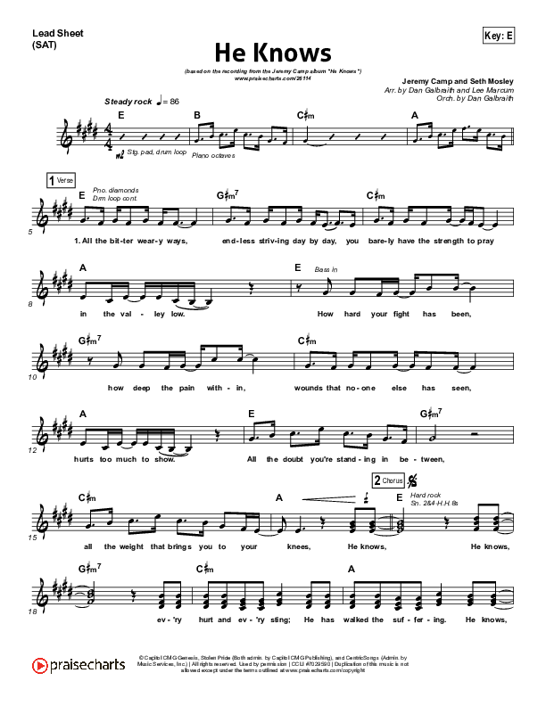 He Knows Lead Sheet (SAT) (Jeremy Camp)