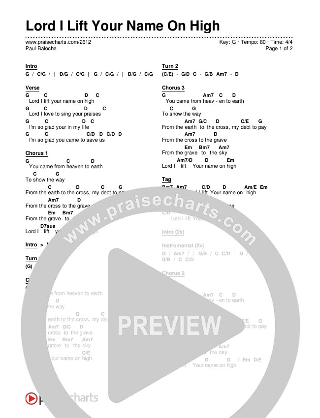 Lord I Lift Your Name On High Chords & Lyrics (Paul Baloche)