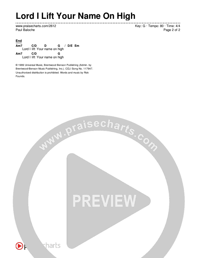 Lord I Lift Your Name On High Chords & Lyrics (Paul Baloche)