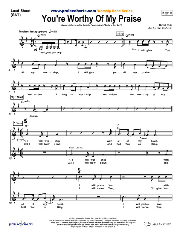 You're Worthy Of My Praise Lead Sheet (Passion)