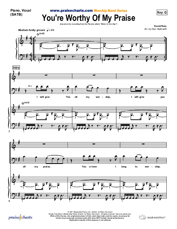 You're Worthy Of My Praise Piano/Vocal (SATB) (Passion)