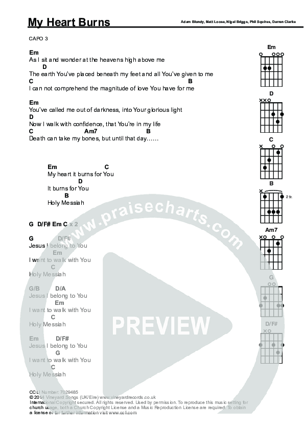 My Heart Burns Chords & Lyrics (Trent / Nigel Briggs)