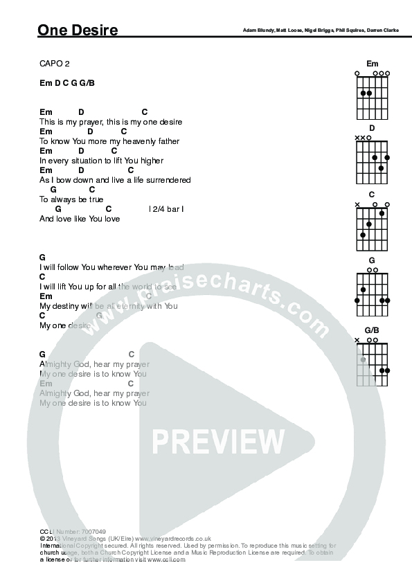 One Desire Chords & Lyrics (Trent / Nigel Briggs)