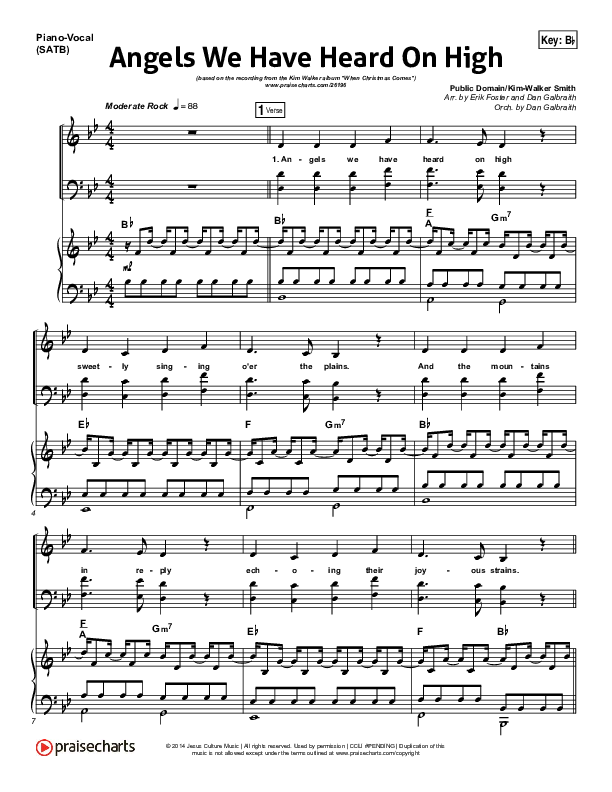 Angels We Have Heard On High Piano/Vocal (SATB) (Kim Walker-Smith)