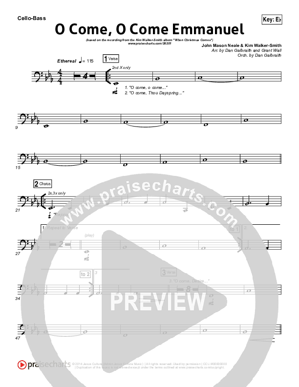 O Come O Come Emmanuel Cello/Bass (Kim Walker-Smith)
