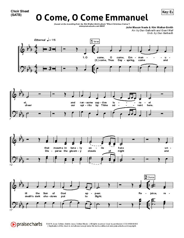 O Come O Come Emmanuel Choir Sheet (SATB) (Kim Walker-Smith)