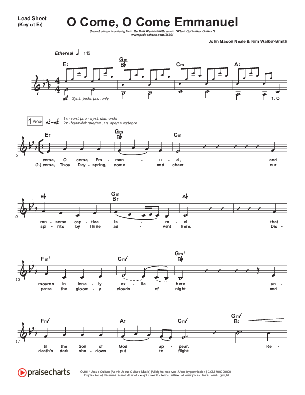 O Come O Come Emmanuel Lead Sheet (Melody) (Kim Walker-Smith)