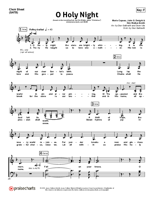 O Holy Night Choir Sheet (SATB) (Kim Walker-Smith)